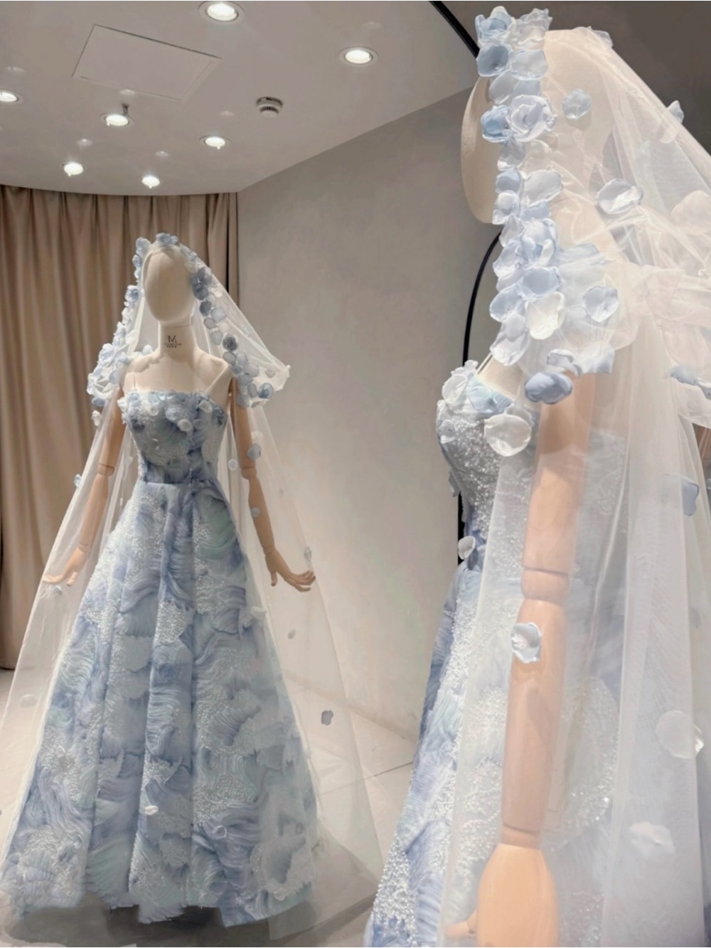 Light Blue 3D Floral Sequin Gown + Matching 3D Petal Veil